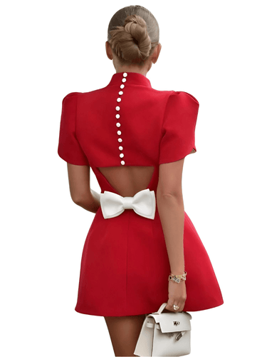 Elegant Back Cut-Out Mini Dress With Fashion Bow, Drestiny, Mini Dresses, Mini Dress, Short Sleeves, United States, Canada, White, Black, Australia, New Zealand, United Kingdom, FR, Red, S, M, L, 4, 6, 8, 10, XL, shopdrestiny.com